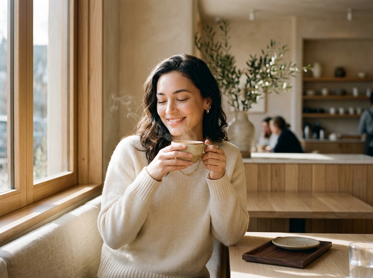 Mujer saboreando con serena felicidad su café Geisha